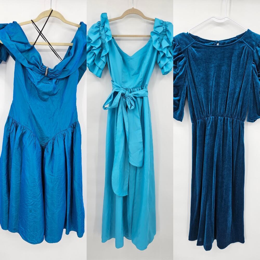 Vintage Lot of 3 Blue Formal Dresses - Fair Condition for Dress Up/Play